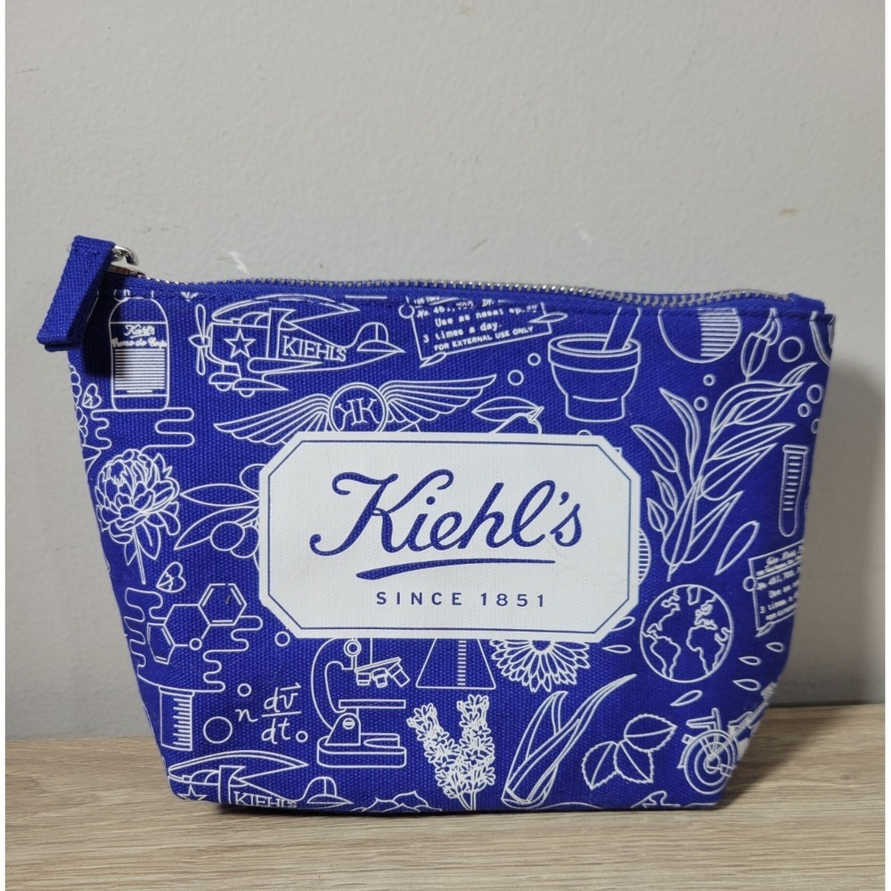 Kiehl's Makeup Cosmetic Travel Bag Blue & White Graphics Canvas